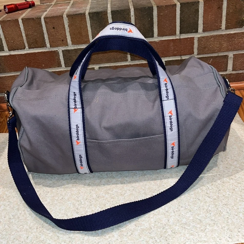Birddogs grey crossbody duffle bag 18”x 10”x 10” excellent condition